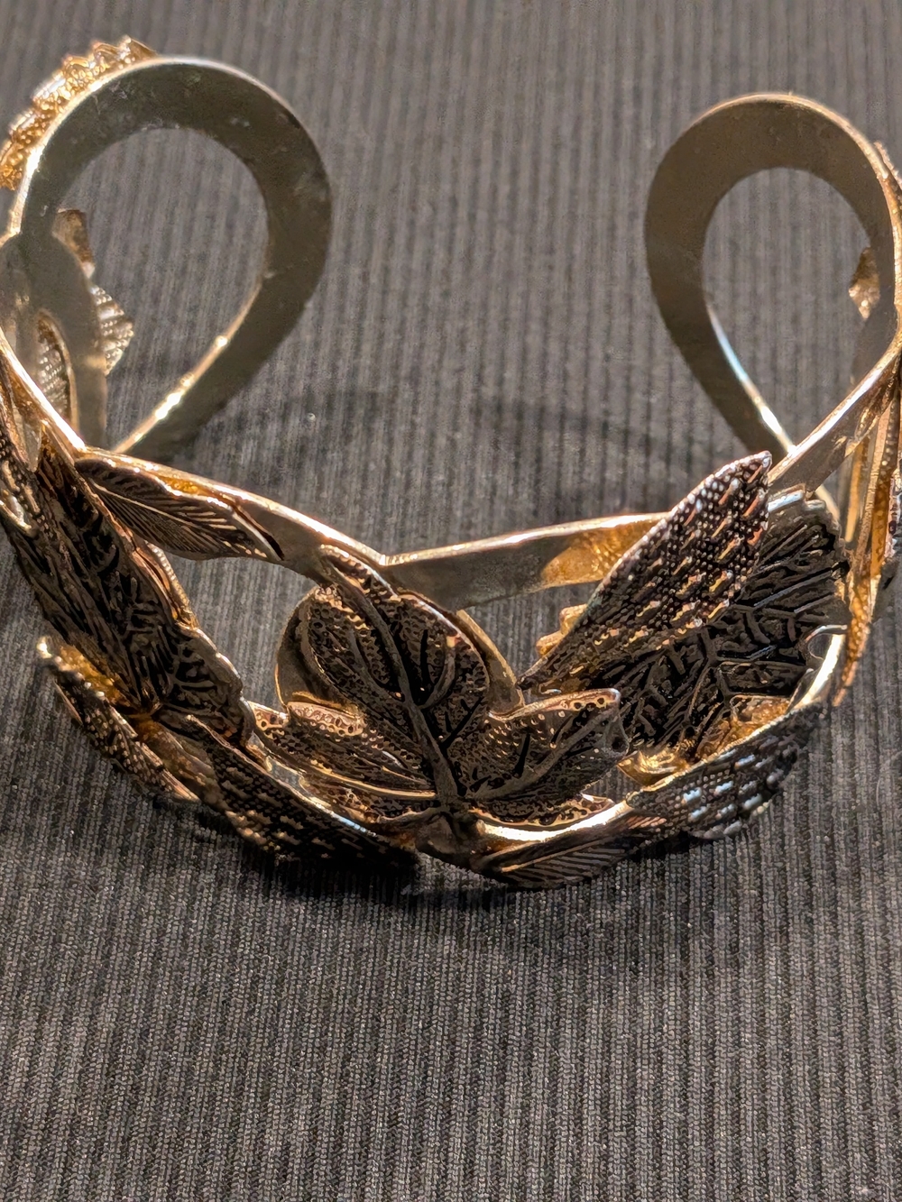 #1: Gold Tone Cuff Leaf Motif Bracelet Signed N R Nina Ricci Vintage 1980s